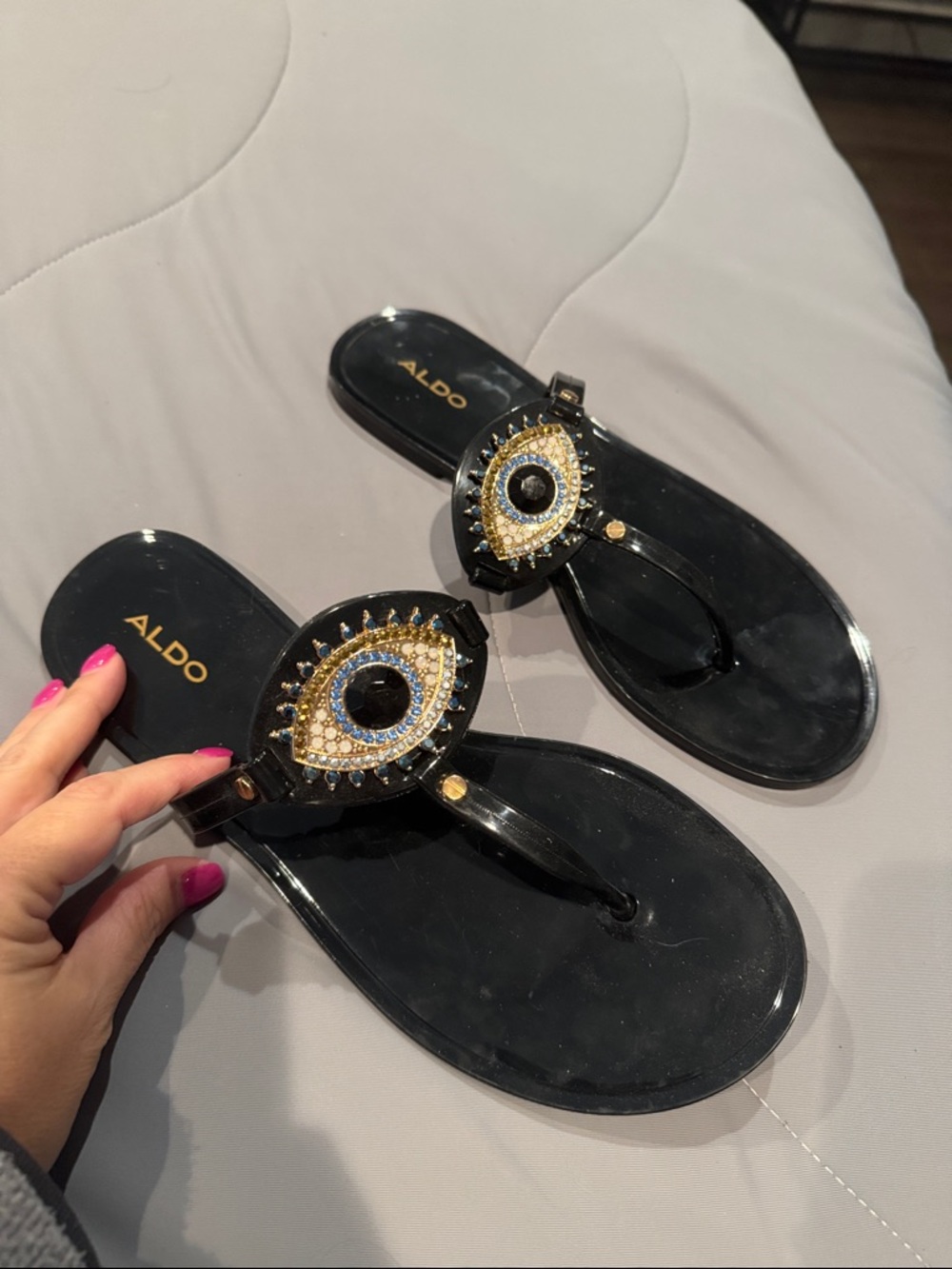 ALDO Black Jeweled Evil Eye Thong Sandals